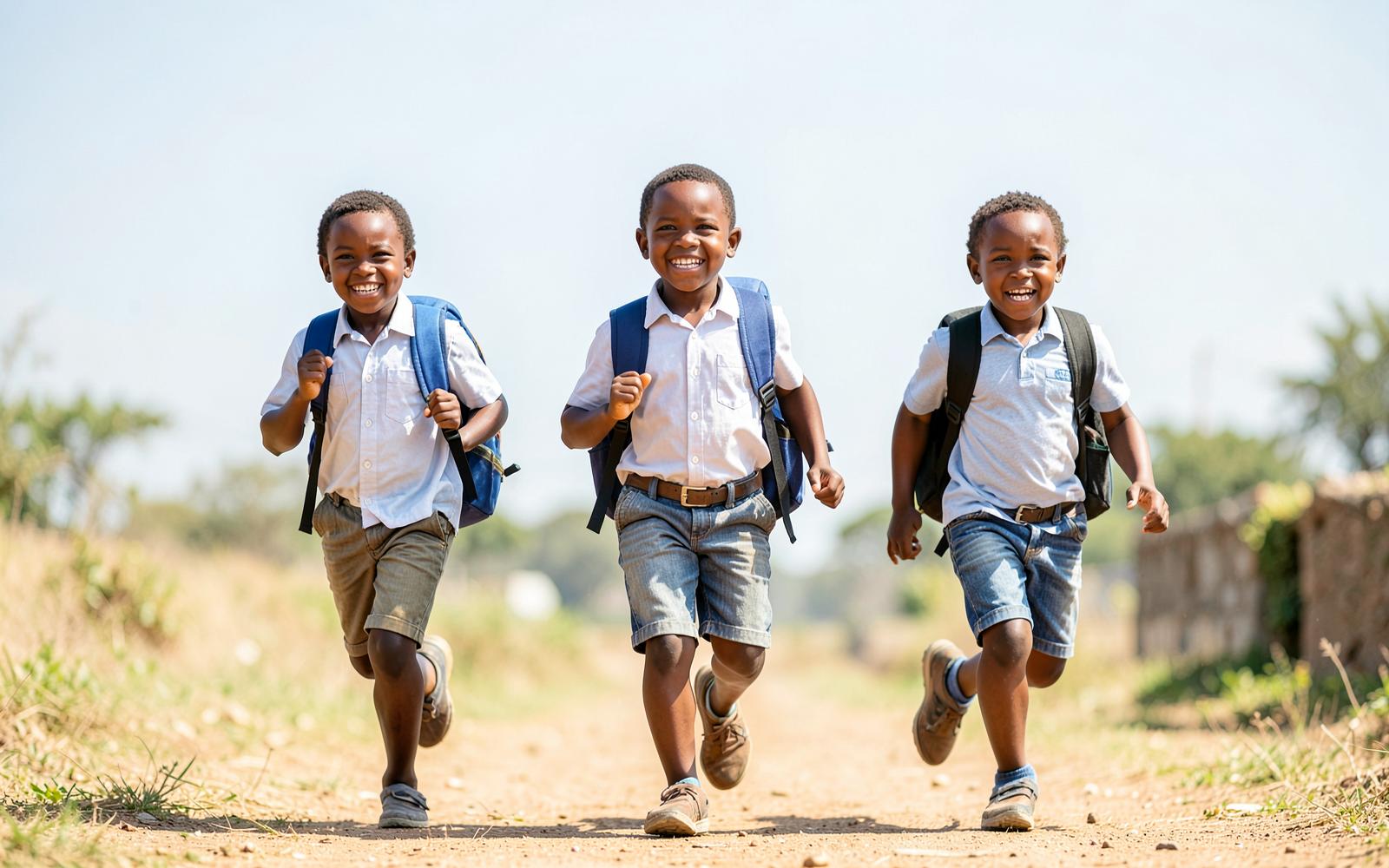 Three happy young learners running to school